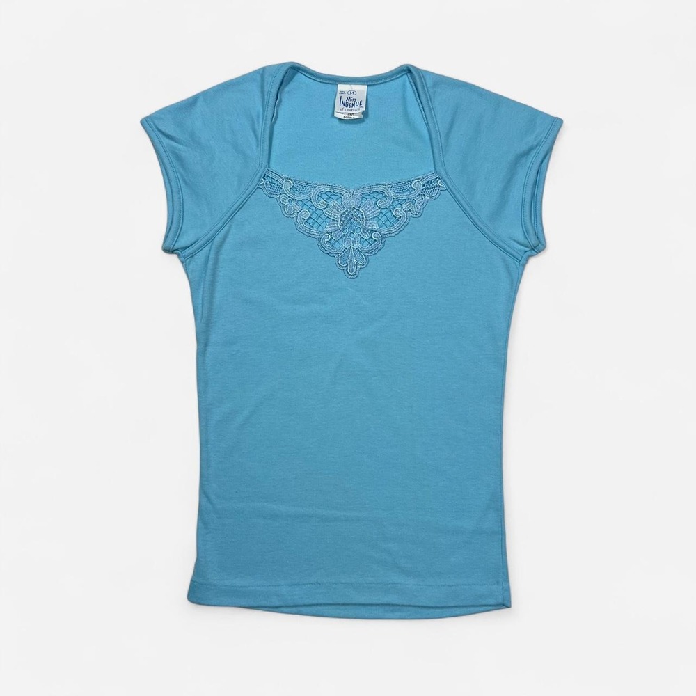 Vintage 60s/70s Miss Ingenue Baby Blue Short Sleeve Lace Top